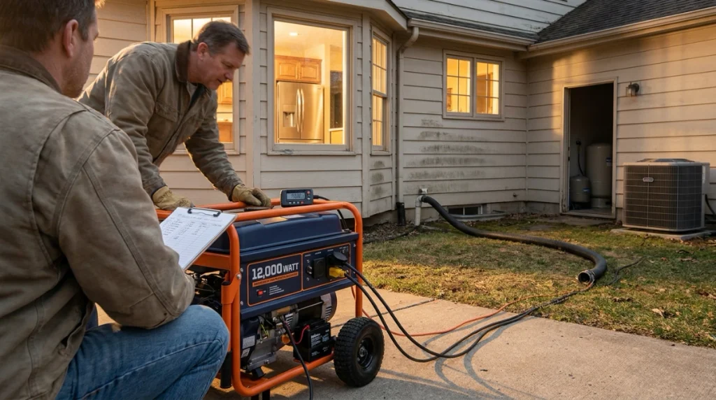 12,000 watt generator powering refrigerator, pumps, lights, furnace blower and central AC