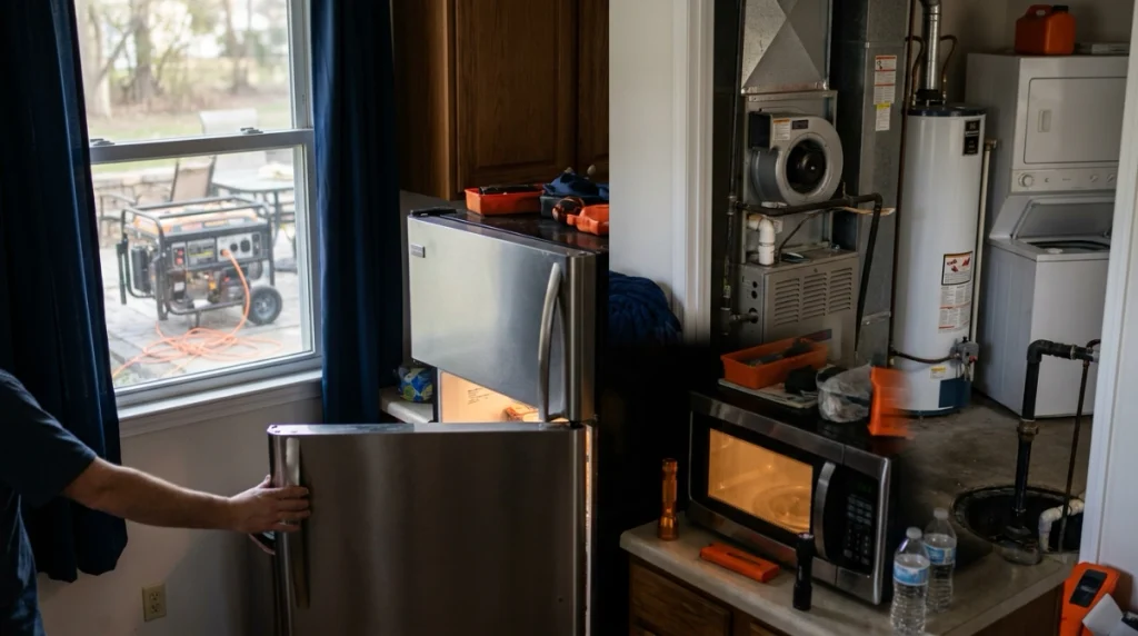 Refrigerator, microwave, dryer and water heater illustrating household loads on a 15,000-watt generator