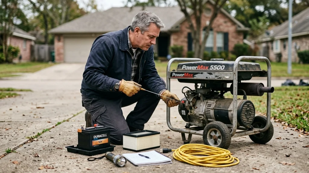 Homeowner inspecting a stored generator outdoors before testing it for emergency use.