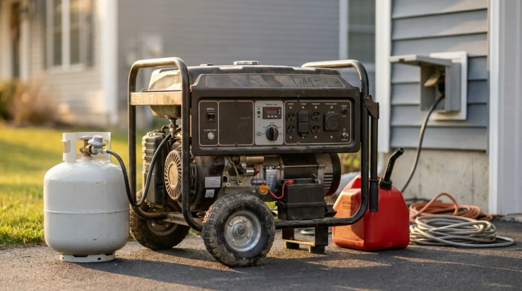 Large dual-fuel portable generator set up outdoors for emergency home backup power