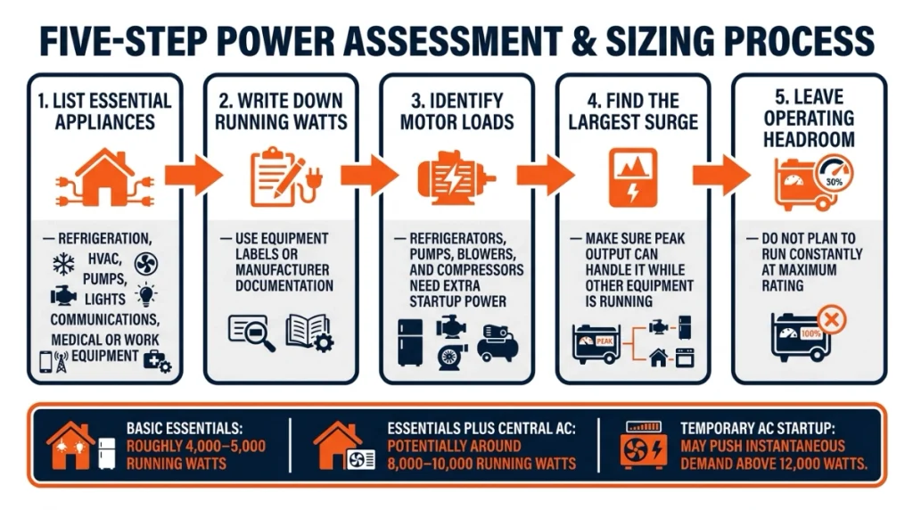 Five-step generator sizing flowchart for running watts, surge watts and operating headroom