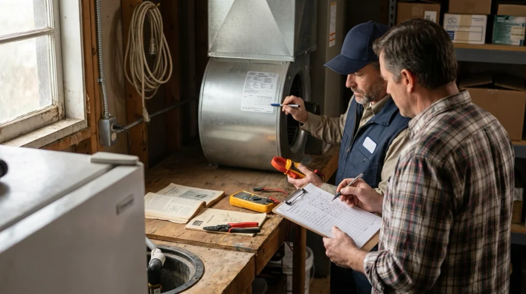 Technician calculating generator size using appliance loads, motor startup demand, and electrical equipment.