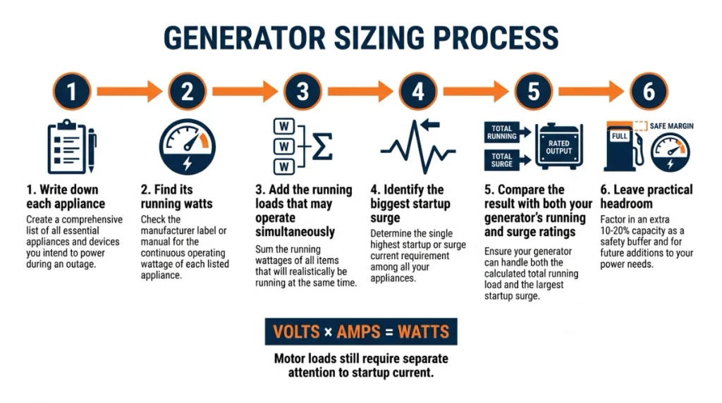 Six-step infographic for calculating running watts, startup surge, and generator headroom