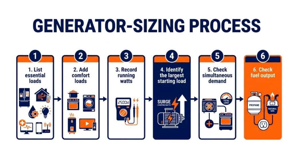 Six-step infographic for calculating household generator running and starting watt requirements