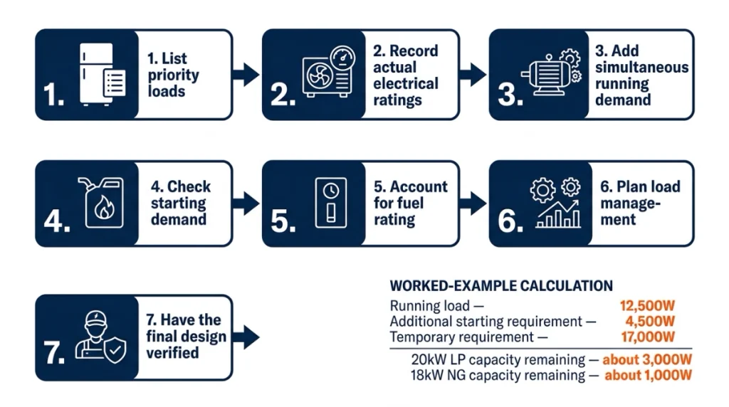 Seven-step 20kW generator sizing calculation with a 17,000-watt example load