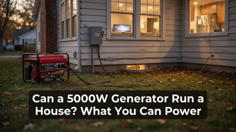 5000W portable generator supplying essential loads in a U.S. home during a power outage