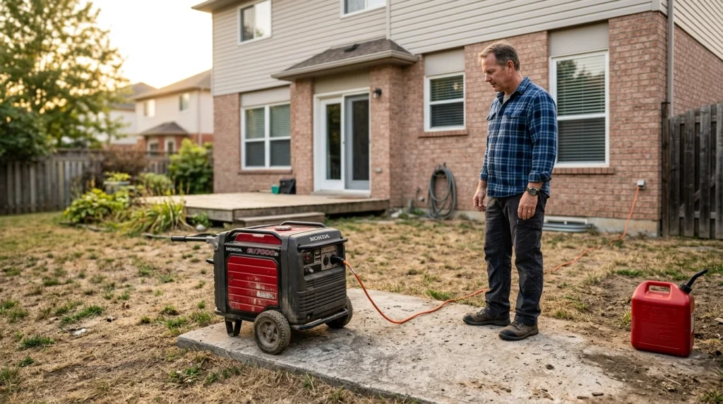 Portable generator operating outdoors away from a home to reduce carbon monoxide and electrical hazards