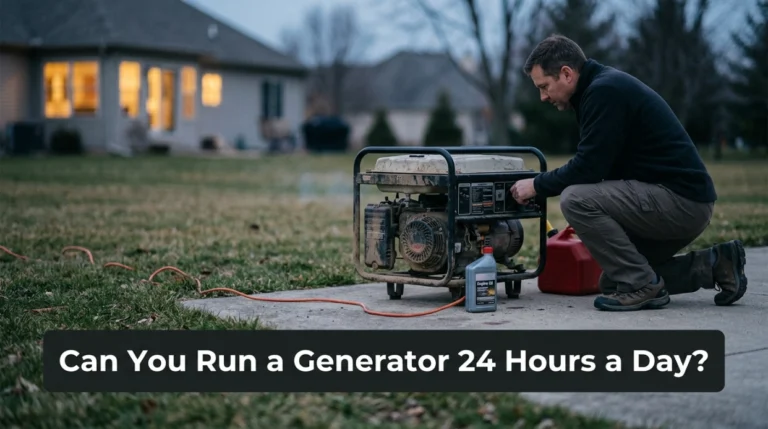 Portable generator running outdoors during a 24-hour home power outage.