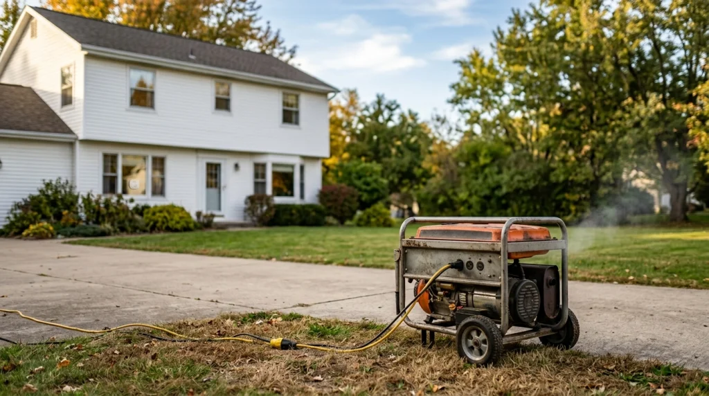 Portable generator operating outdoors away from a house with exhaust directed from openings