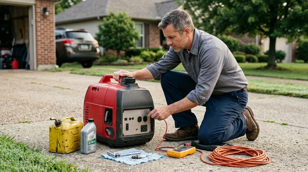 Homeowner diagnosing common generator symptoms including fuel, ignition, overload, and power-output issues.