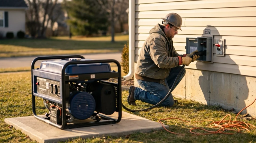 Portable 12,000 watt generator safely connected outdoors through a home inlet and transfer equipment.