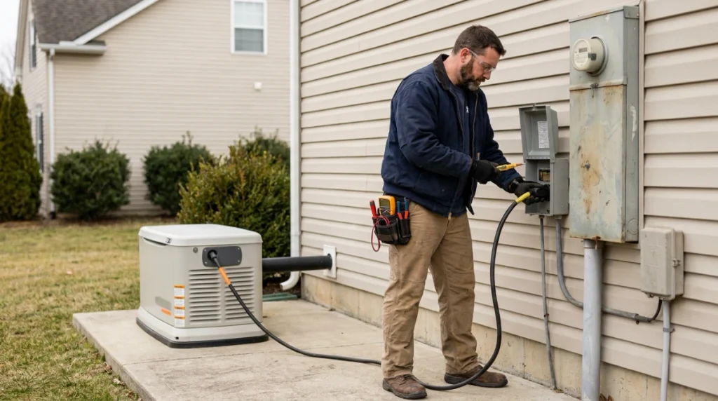 Electrician installing a safe transfer connection for a portable home generator
