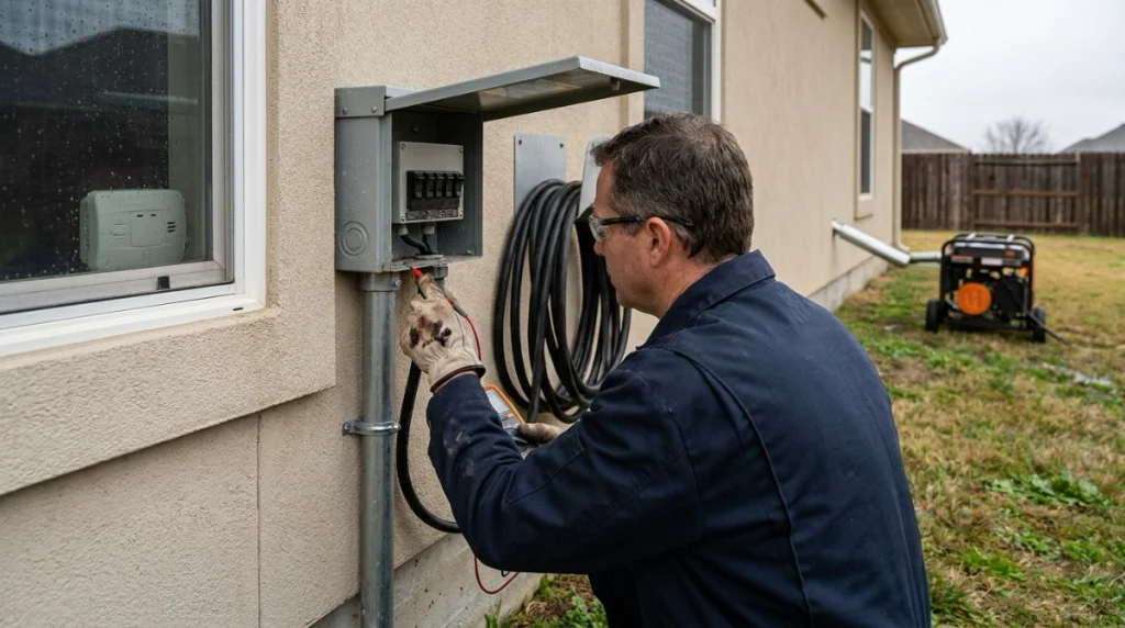 Electrician checking safe transfer equipment while a portable generator operates outdoors away from a house.