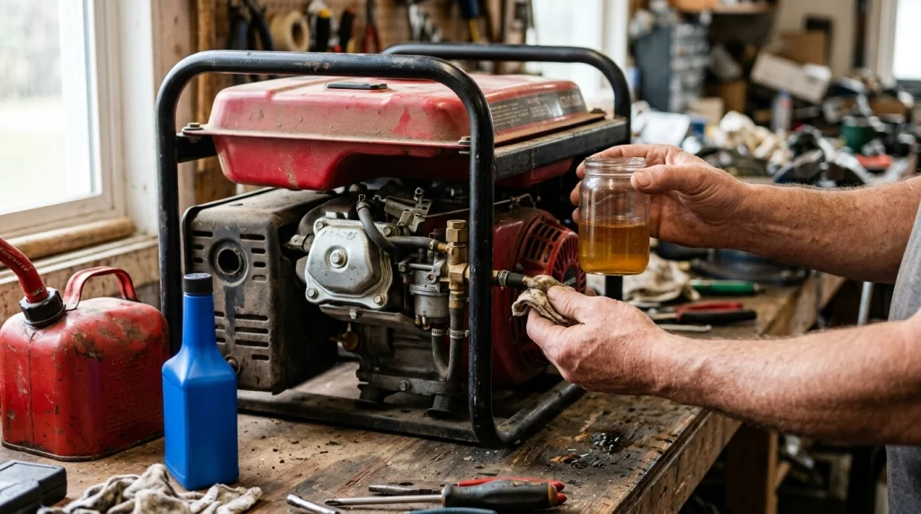 Generator carburetor and stored gasoline illustrating fuel deterioration during long-term storage