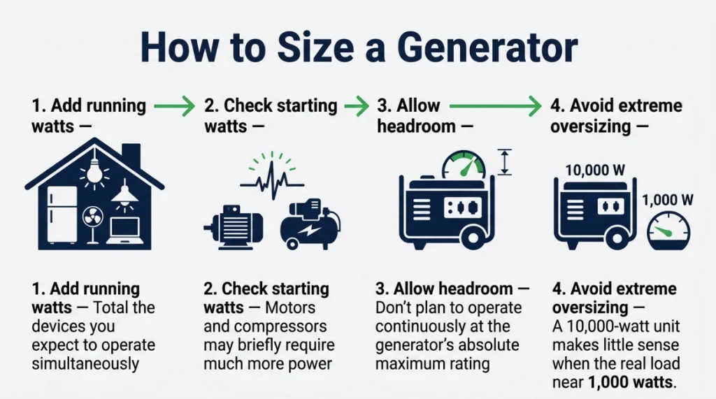 Four-step generator sizing infographic covering running watts, starting watts, headroom and oversizing