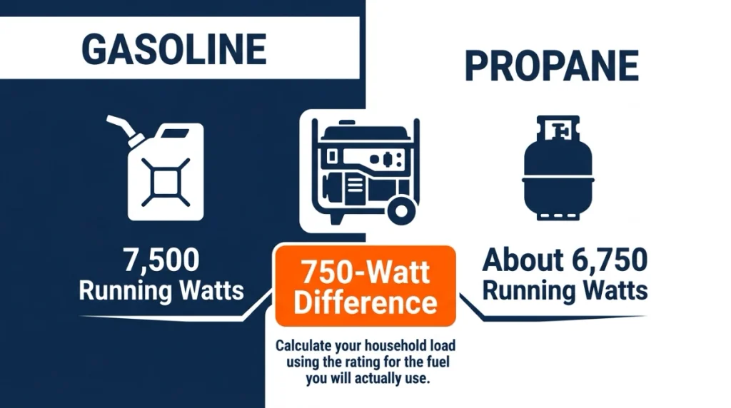 Infographic comparing 7500 watts on gasoline with about 6750 watts on propane