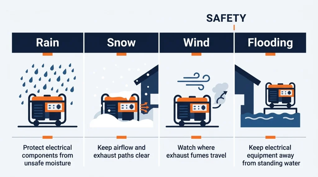 Infographic showing rain, snow, wind and flooding risks when using a portable generator