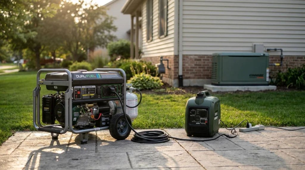 Large portable, compact inverter, and permanent standby generators compared outside a home