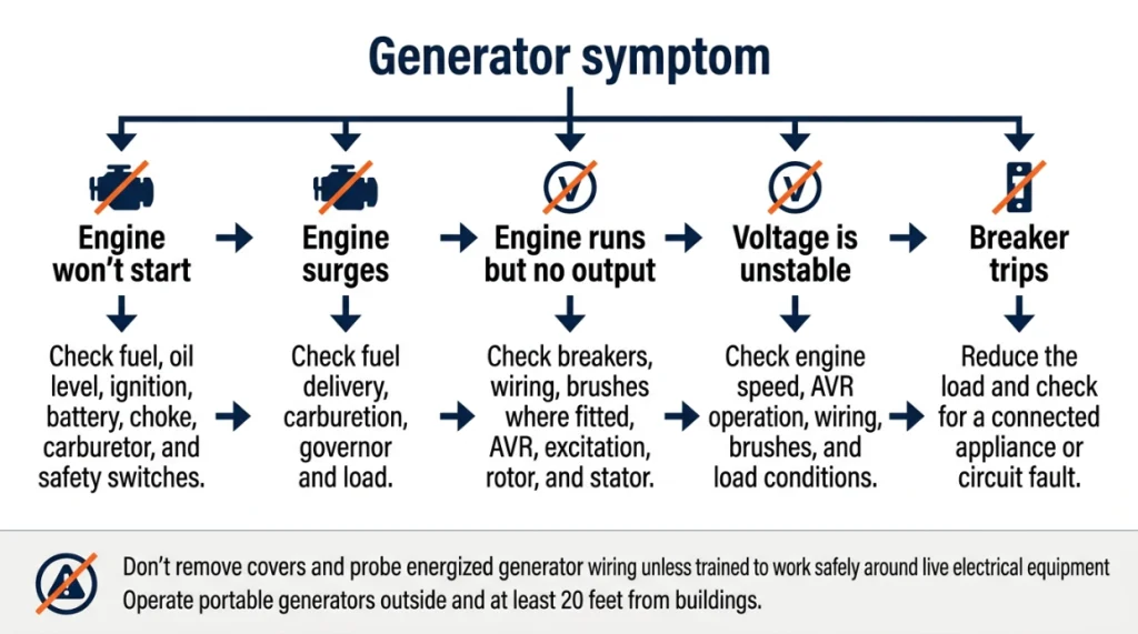 Flowchart showing checks for generator starting, surging, output, voltage, and breaker problems