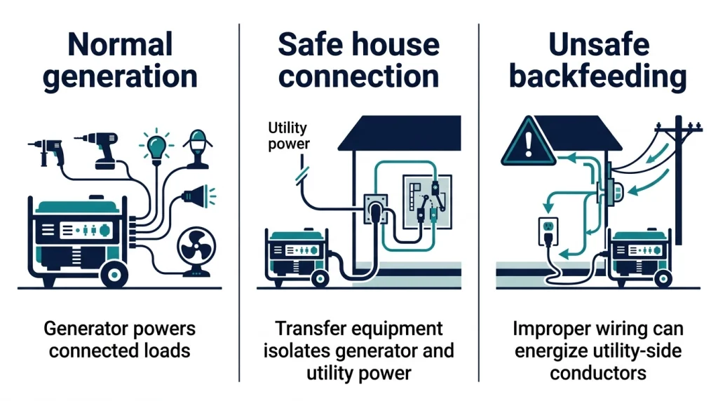 Comparison infographic explaining normal generation, safe transfer switching, and unsafe generator backfeeding
