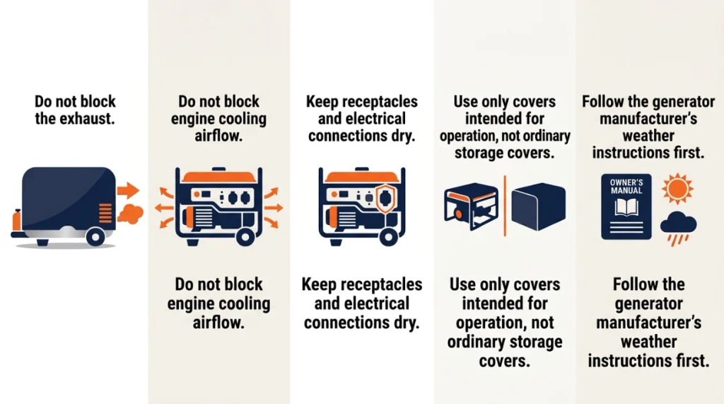 Generator weather safety checklist for rain, snow, airflow, exhaust, and dry connections.