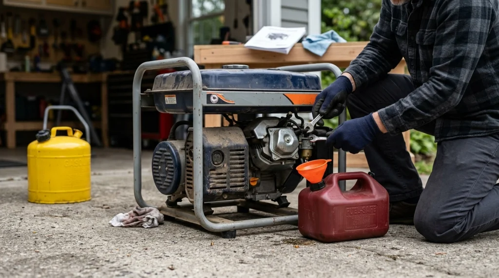 Homeowner safely draining year-old gasoline from a portable generator into an approved container.