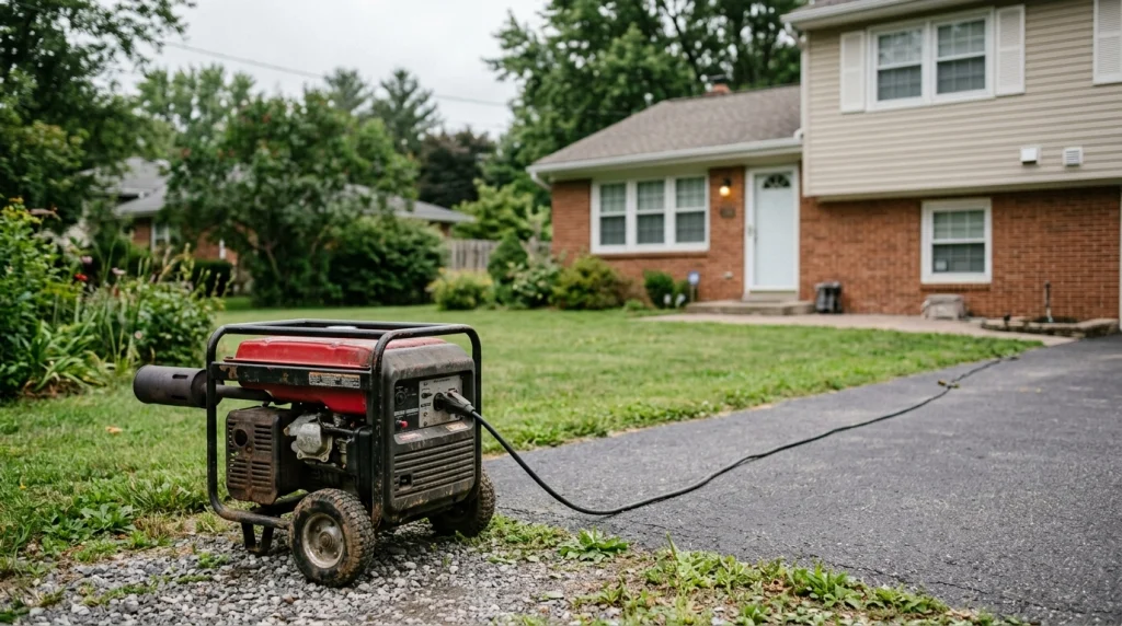 Portable generator operating outdoors away from a home with exhaust directed away from windows