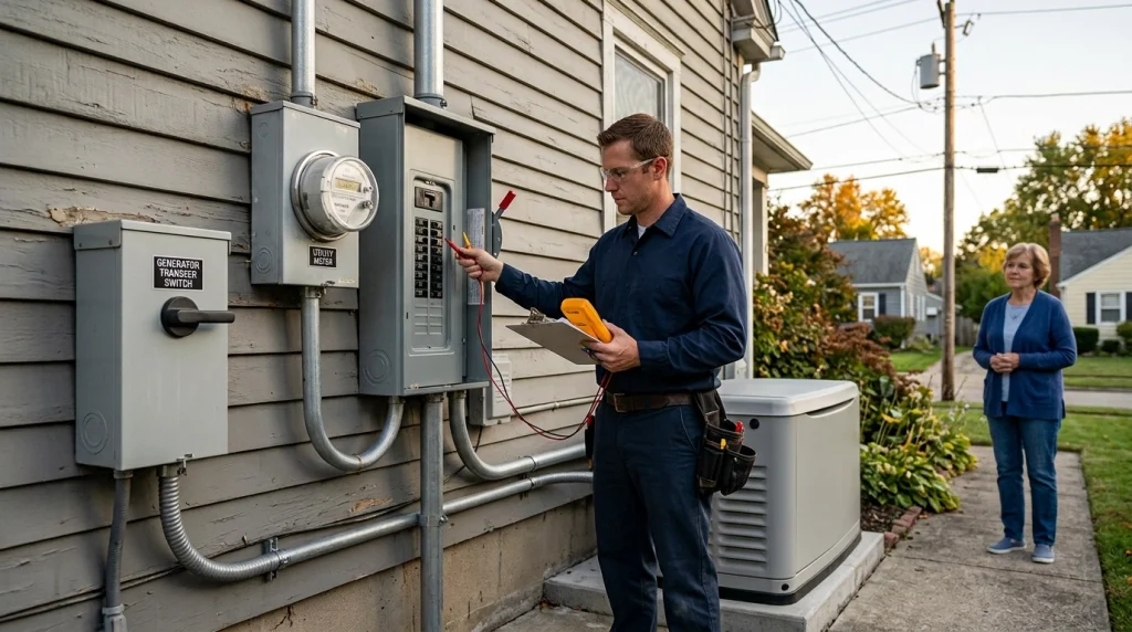 Electrician inspecting generator interconnection equipment beside a U.S. home electrical panel
