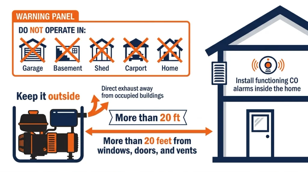 Safety infographic showing portable generator placement over 20 feet from doors, windows, and vents
