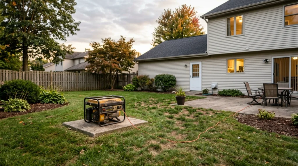 Portable generator positioned outdoors more than 20 feet from house openings.
