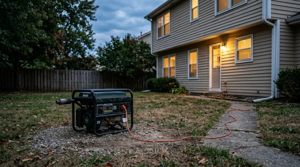 Portable generator placed more than 20 feet from a home with exhaust facing away.