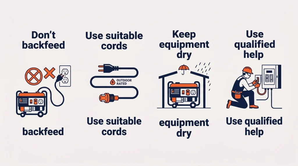 Generator electrical hazard infographic covering backfeeding, rated cords, dry operation, and qualified help