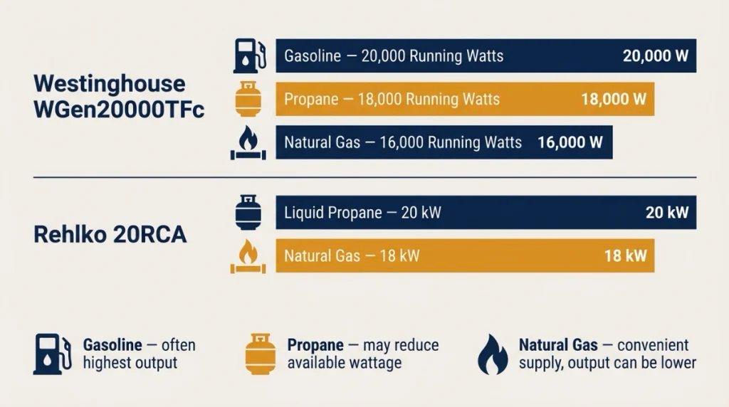 Comparison of 20 kW generator output on gasoline, propane, and natural gas