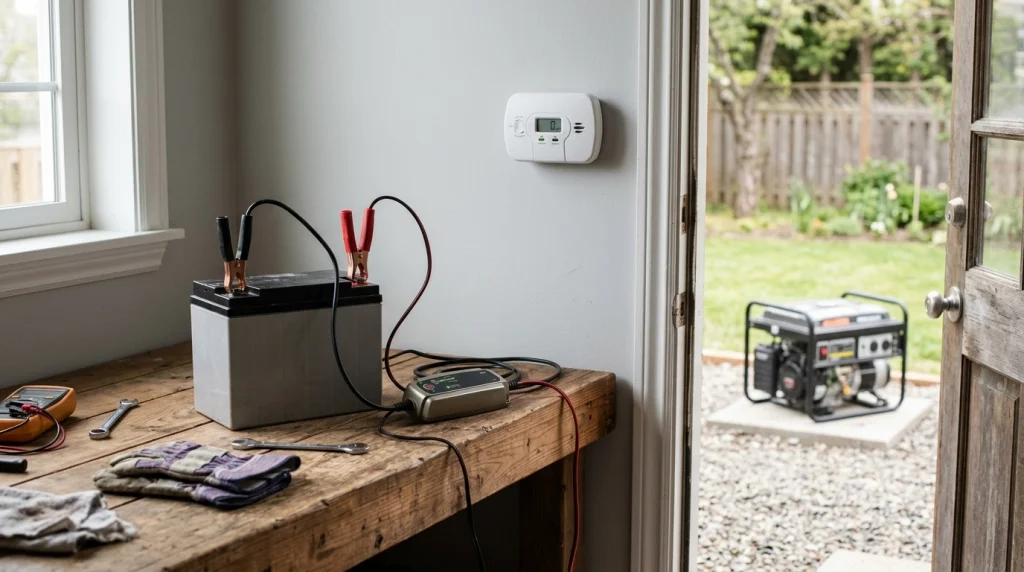  Generator battery maintainer and carbon monoxide alarm shown with a portable generator safely outdoors.