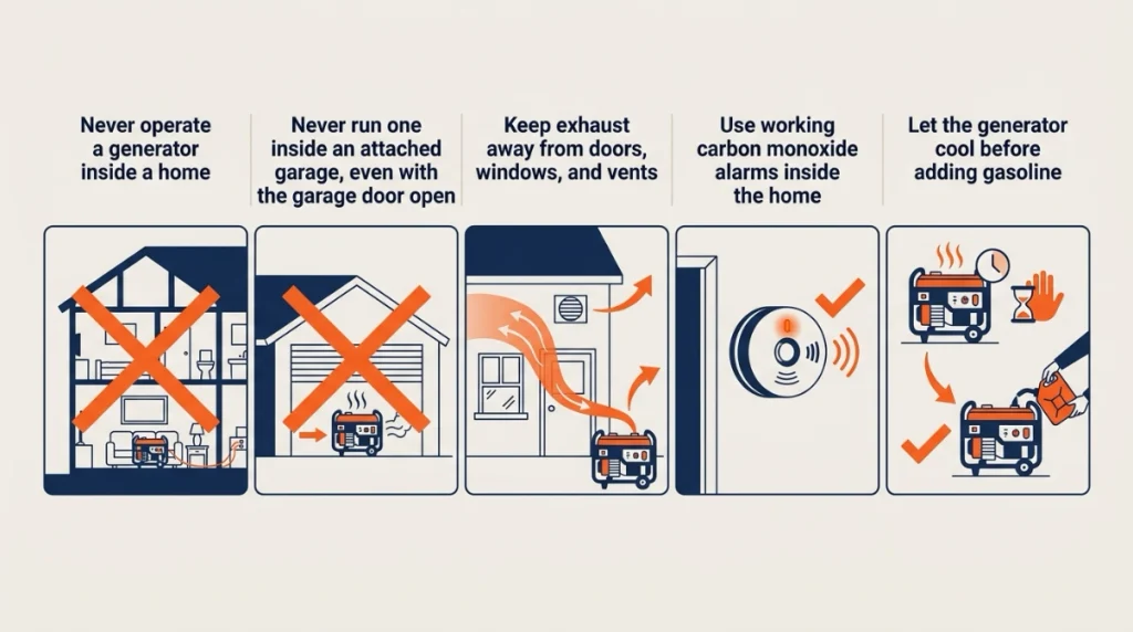 Generator safety checklist covering outdoor placement, carbon monoxide alarms, and refueling.