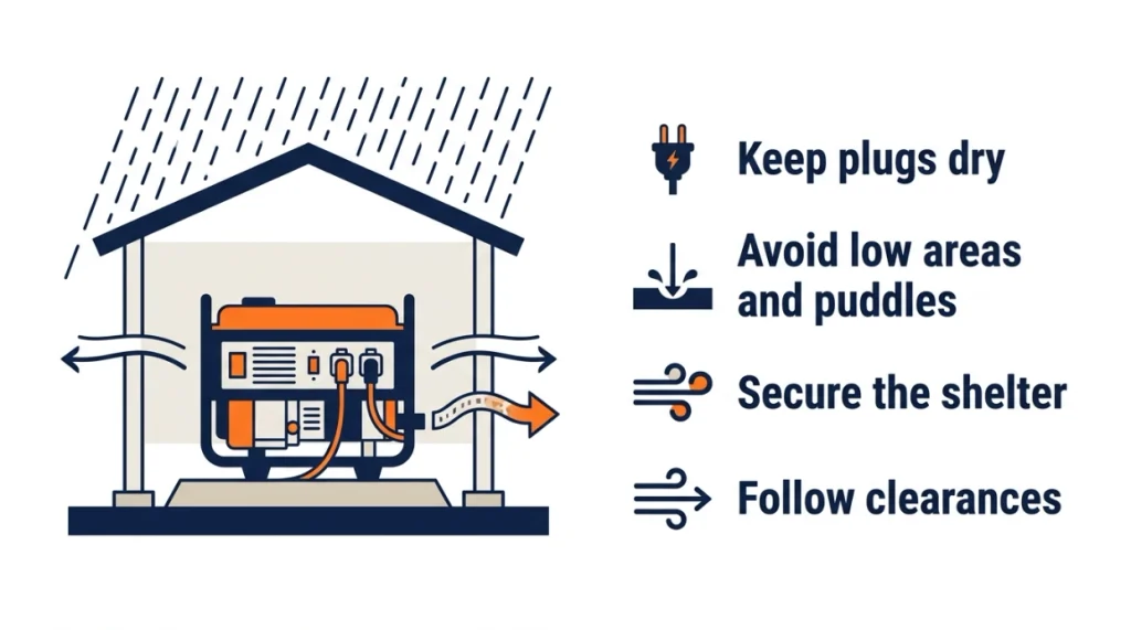 Infographic showing dry plugs, drainage, secure shelter, and ventilation for generators in rain.