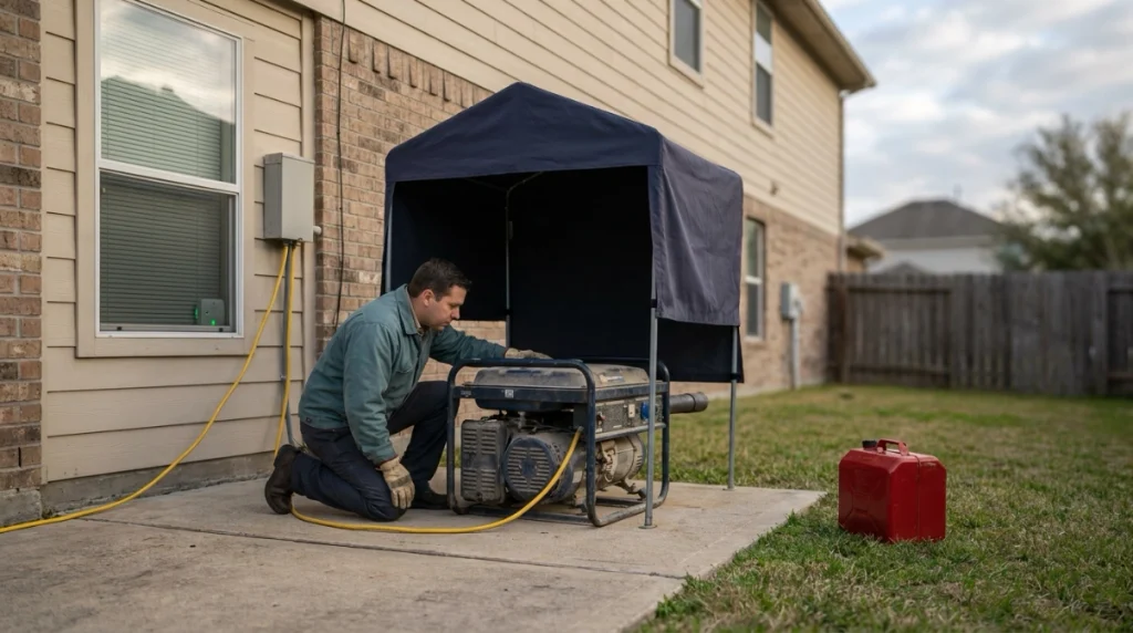 Portable generator positioned safely outdoors away from a house with exhaust directed away.