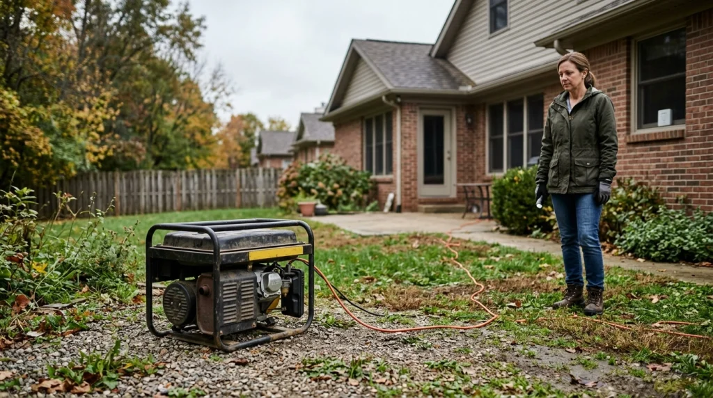 Portable generator operating outdoors away from a home with exhaust directed safely away.
