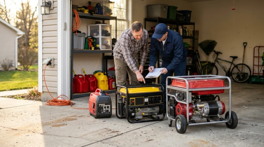 Homeowner comparing three generator sizes for essential, standard, and higher-demand home backup