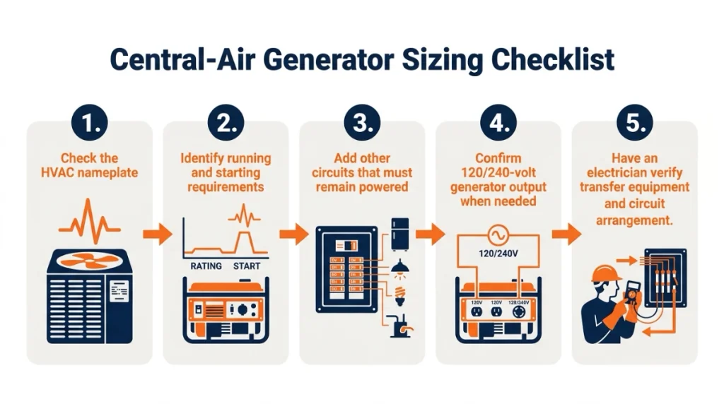 Homeowner checking central AC electrical requirements while sizing a generator for the house