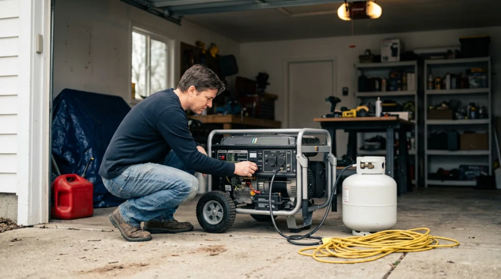 Dual-fuel generator connected to propane beside gasoline for comparing generator fuel output.