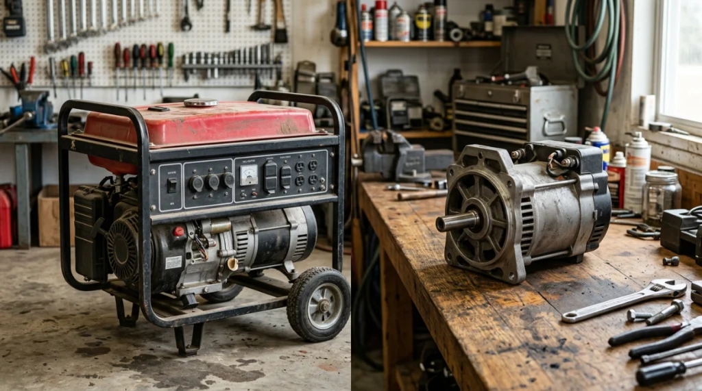Portable generator beside a standalone alternator head showing the difference between the two