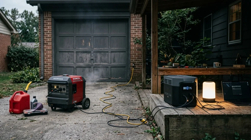 Portable generator beside battery power station showing key differences in home backup power