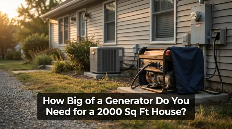 How big is a generator for a 2000 sq ft house? Portable backup generator beside a suburban home.