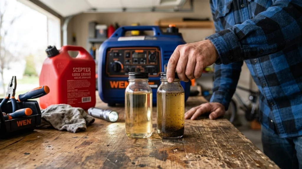 Check year-old generator gas for discoloration, cloudiness, sediment, and separation before use.