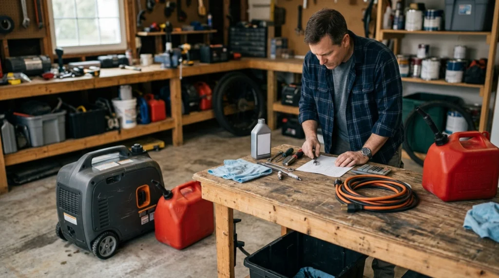 Homeowner preparing generator loads, cords and maintenance supplies before a power outage