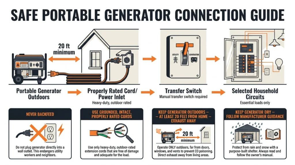Diagram showing safe transfer switch connection and 20-foot generator placement