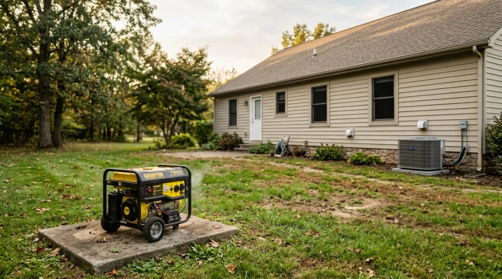 Portable generator positioned at least 20 feet from a house with exhaust facing away