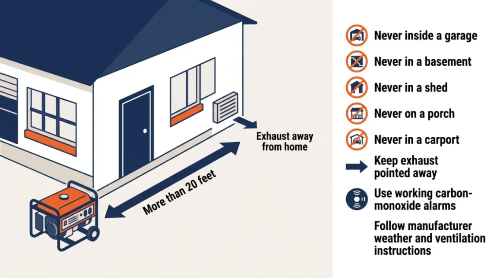 Generator safety infographic showing more than 20 feet from windows, doors and vents