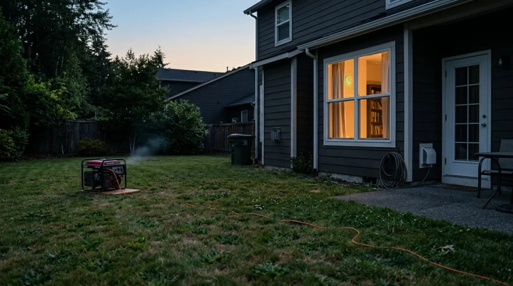 Portable generator positioned more than 20 feet from a house with exhaust facing away